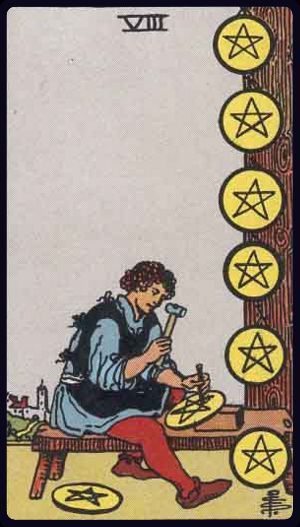 Eight of Pentacles tarot card from the Rider-Waite-Smith deck