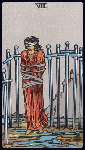 Eight of Swords tarot card from the Rider-Waite-Smith deck