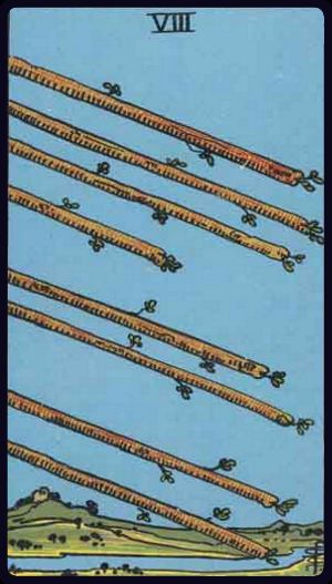 Eight of Wands tarot card from the Rider-Waite-Smith deck