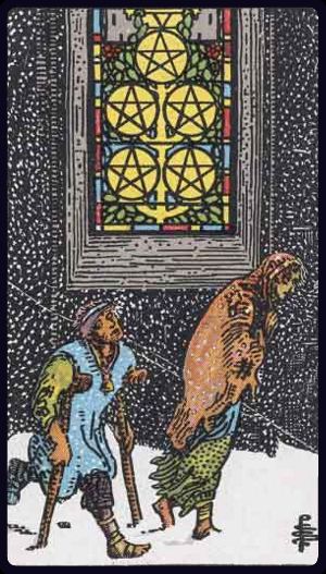 Five of Pentacles tarot card from the Rider-Waite-Smith deck