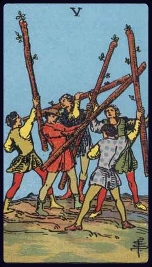 Five of Wands tarot card from the Rider-Waite-Smith deck