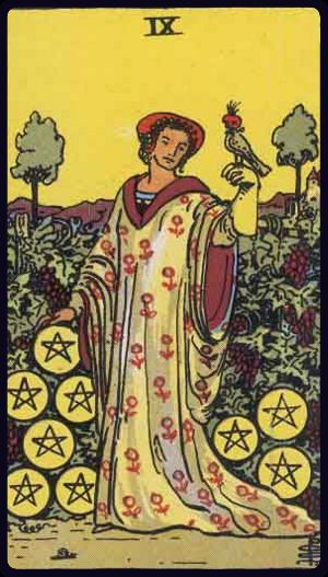 Nine of Pentacles tarot card from the Rider-Waite-Smith deck