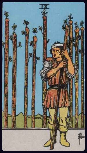 Nine of Wands tarot card from the Rider-Waite-Smith deck