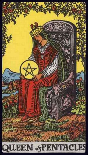 Queen of Pentacles tarot card from the Rider-Waite-Smith deck