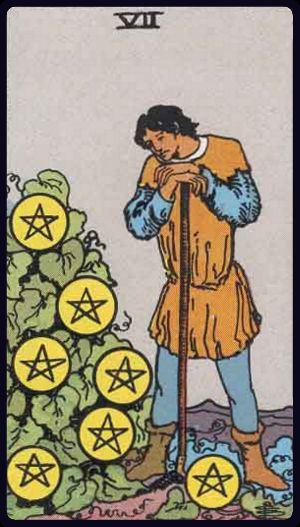 Seven of Pentacles tarot card from the Rider-Waite-Smith deck