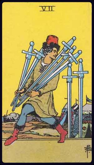 Seven of Swords tarot card from the Rider-Waite-Smith deck