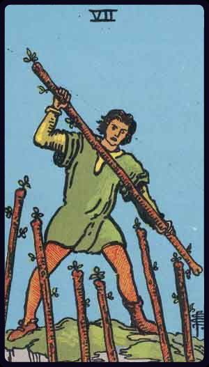 Seven of Wands tarot card from the Rider-Waite-Smith deck
