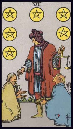Six of Pentacles tarot card from the Rider-Waite-Smith deck