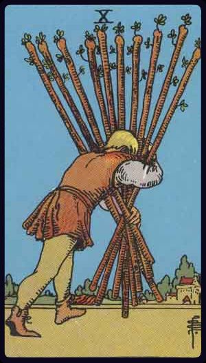 Ten of Wands tarot card from the Rider-Waite-Smith deck