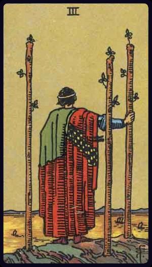 Three of Wands tarot card from the Rider-Waite-Smith deck