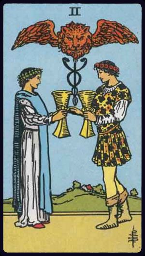 Two of Cups tarot card from the Rider-Waite-Smith deck