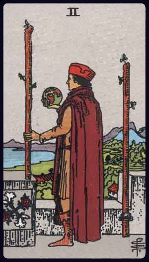 Two of Wands tarot card from the Rider-Waite-Smith deck